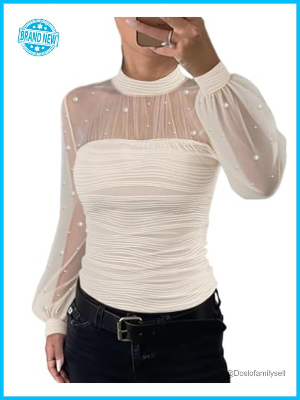 Women's Pearl Decor Long Sleeve Blouse Mesh Spliced Textured Shirt Top